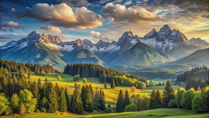 Naklejka premium Scenic landscape with majestic mountains in the background, mountains, landscape, nature, scenery, outdoors, scenic, sky