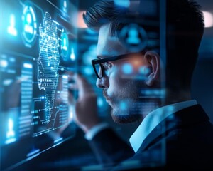 Obraz premium A focused man wearing glasses looks intently at a screen filled with digital data and code, representing technology and innovation.