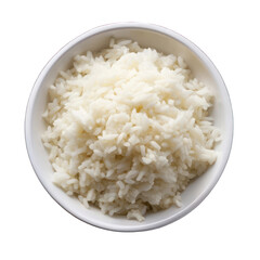 Cooked rice on white bowl top view isolated on transparent background