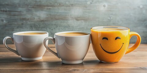 Fototapeta premium Smiley cup of coffee with two cups of orange juice, happy, cute, beverage, morning, refreshing, bright, colorful