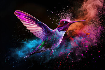 Artistic portrayal of a hummingbird surrounded by a vibrant color explosion. (AI generative)