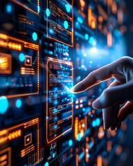 A hand reaches out to touch a digital interface, representing data and technology.