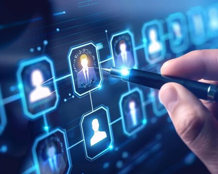 A hand points at a digital network of connected profiles, representing social media, networking, or human resources.