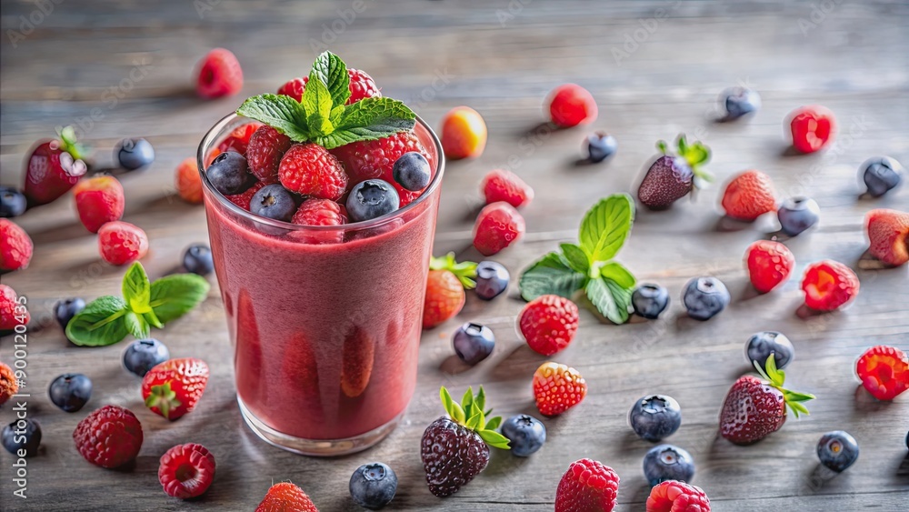 Poster Smoothie with a variety of berries floating around , berries, smoothie, healthy, fruit, drink, colorful, fresh, organic