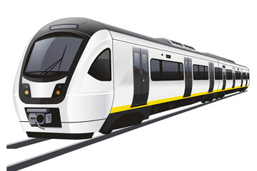 Illustration of a modern electric train on rails, featuring sleek white design and yellow accents, symbolizing efficient transportation.