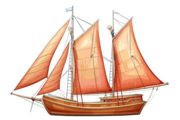 Illustration of a vintage sailing ship with red-orange sails and wooden hull on a white background.
