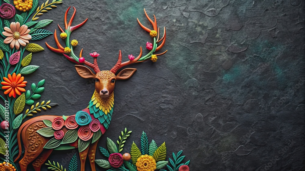 Poster Stylized quilled deer surrounded by vibrant flowers and foliage on a dark textured background, quilled artwork, deer, antlers