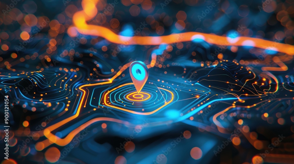 Poster high-tech navigation: digital map with glowing routes and a location pin, blue and orange highlights