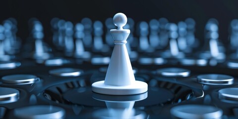 A white chess piece stands out amongst blurred background of other pieces.