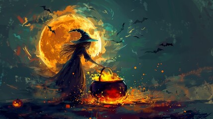 A witch stirs a cauldron under a fiery full moon, surrounded by bats and pumpkins.