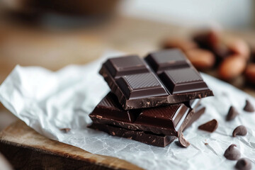 Close up photo of dark chocolate bar with blurry background. Generative AI