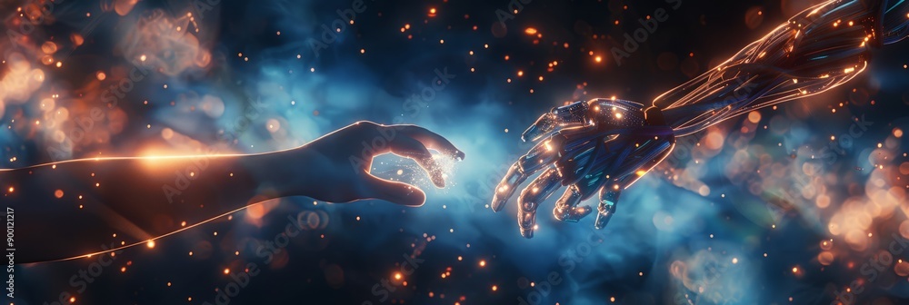 Poster Human and robotic hands reaching out towards each other with glowing lights in the background. Concept of human-robot interaction and advanced technology.