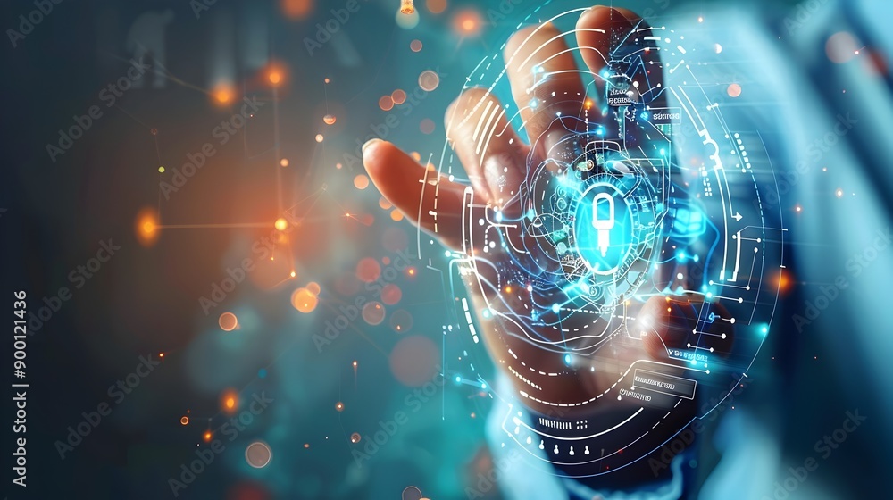 Poster cyber security concept with holographic key and digital interface.