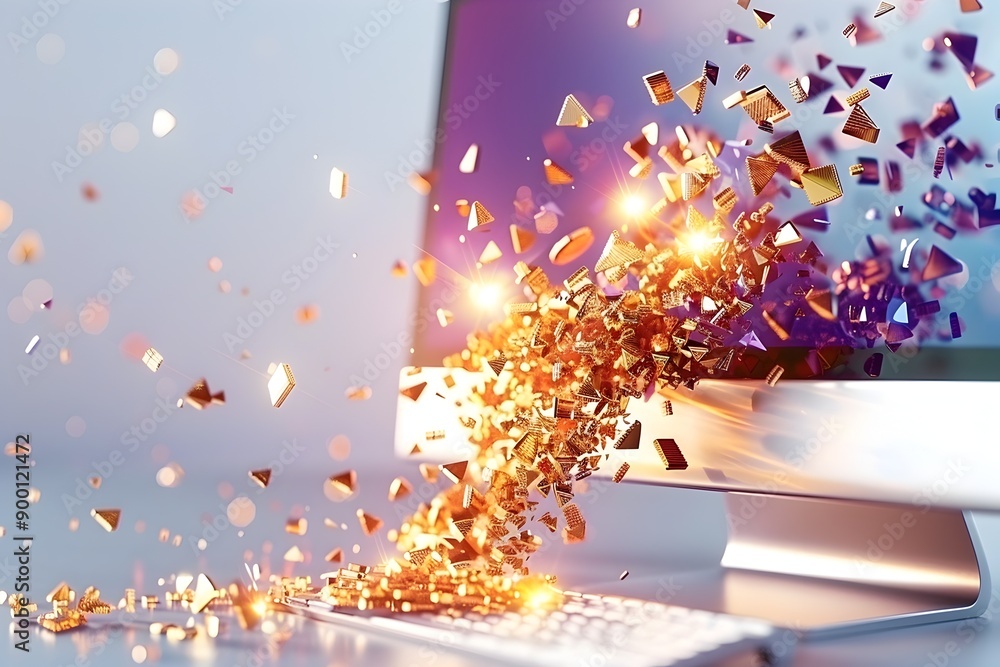 Poster golden particles exploding from computer.