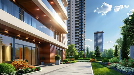 Modern Apartment Building Exterior with Landscaping and a View of City Skyline 3D Illustration