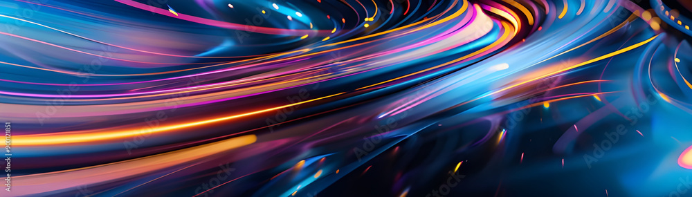 Poster dynamic abstract image with vibrant light trails in shades of blue, pink, and yellow, creating a sen
