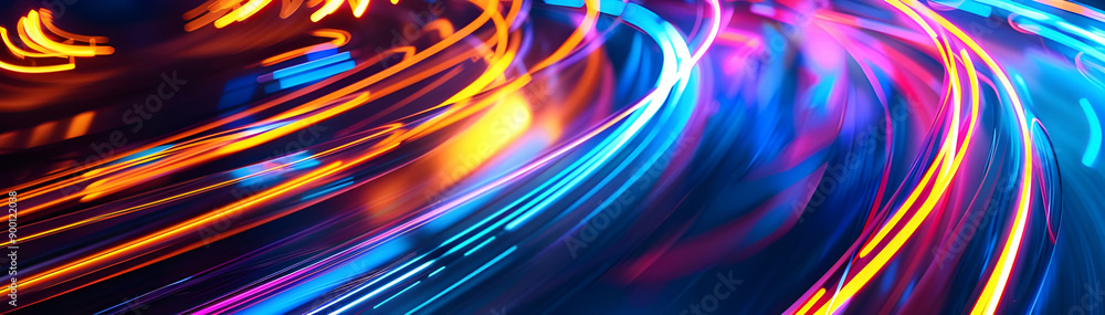 Poster dynamic abstract image with vibrant light trails in shades of blue, pink, and yellow, creating a sen