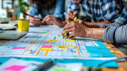 A group of colleagues collaborating on a social media content calendar