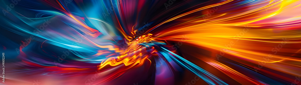 Poster Dynamic and colorful abstract image featuring vivid light trails in motion, creating a sense of speed and energy.