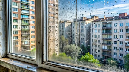 Dirty window glass in the apartment , grime, smudges, stains, dusty, unclean, neglected, filthy, grimy, streaks, dirty, window