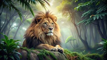 Majestic lion resting in a lush forest setting, lion, wildlife, nature, safari, predator, big cat, jungle, majestic, wild, powerful © Sujid