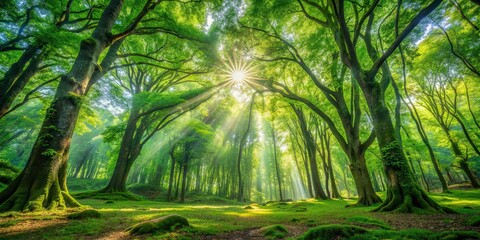 Fototapeta premium Lush green forest with towering trees and dappled sunlight filtering through the canopy, nature, trees, green