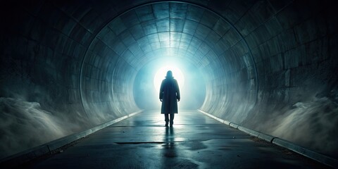 Obraz premium Mysterious figure in a foggy tunnel under a dim light , silhouette, lone, shadow, eerie, suspense, intrigue, dark, atmospheric