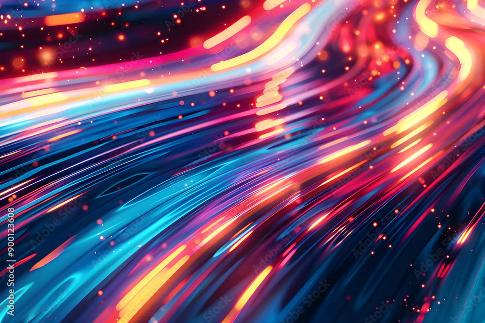 Poster dynamic abstract image with vibrant light trails in shades of blue, pink, and yellow, creating a sen