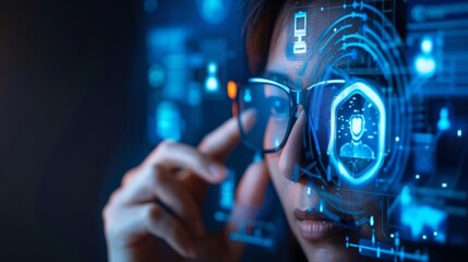 Woman wearing glasses with a holographic interface overlayed on her face, representing digital technology and data analysis.