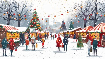 Obraz premium Winter market with people shopping, colorful stalls, and festive decorations. Cartoon illustrations vectors