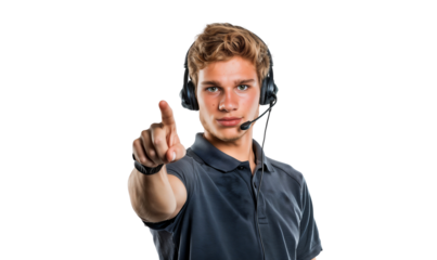 Portrait of a young male call center agent wearing headphones and pointing his index finger, isolated on transparent background