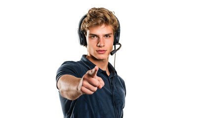 Portrait of a young male call center agent wearing headphones and pointing his index finger, isolated on transparent background