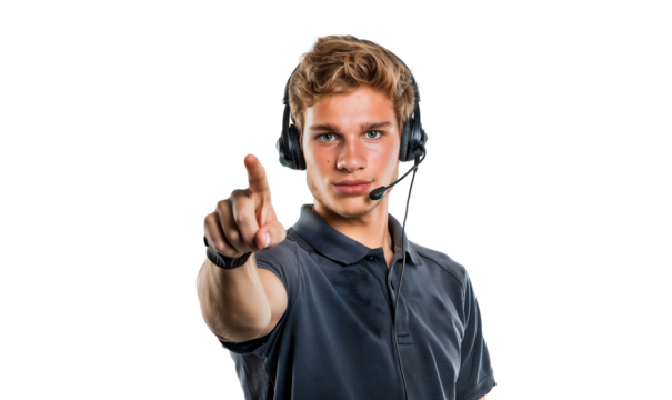 Portrait of a young male call center agent wearing headphones and pointing his index finger, isolated on transparent background - Powered by Adobe