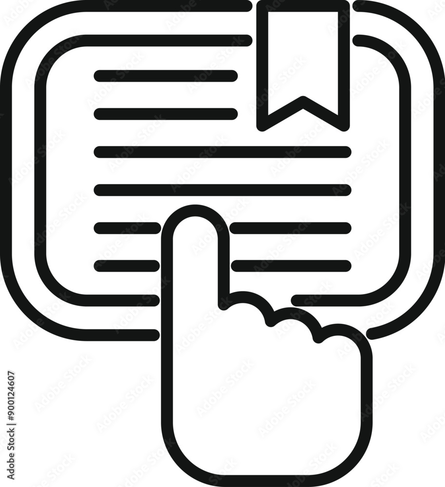Poster hand is selecting text on an electronic book, symbolizing e learning and digital reading