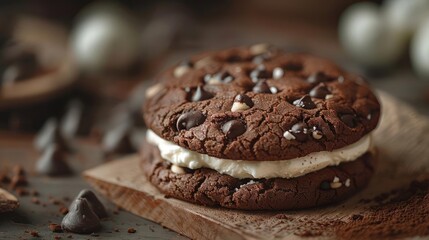 chocolate chip cookie sandwich with cream filling and chocolate chips