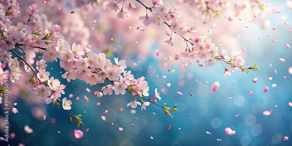 Poster Cherry blossom petals dancing in the wind, creating a beautiful flower blizzard, sakura, cherry blossom, petals, wind, dance