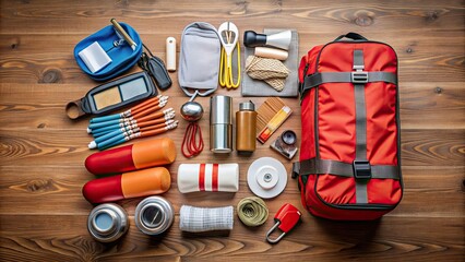 Stock photo of a disaster preparedness kit laid out on the floor , emergency, survival, earthquake, supplies, first aid