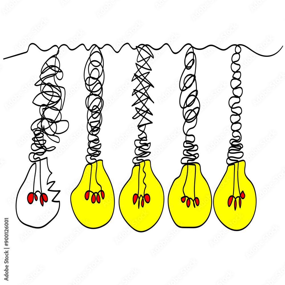 Poster continuous line drawing light bulb. drawing of light bulbs linked with wires. icon vector illustrati