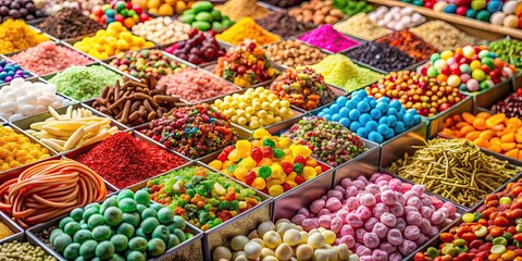 A colorful and vibrant display of various candies at a market stall, candy, colorful, sweets, market stall