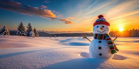 Cheerful snowman standing in a winter wonderland at sunset, Winter, snowman, hat, scarf, carrot nose, smile, landscape, snow