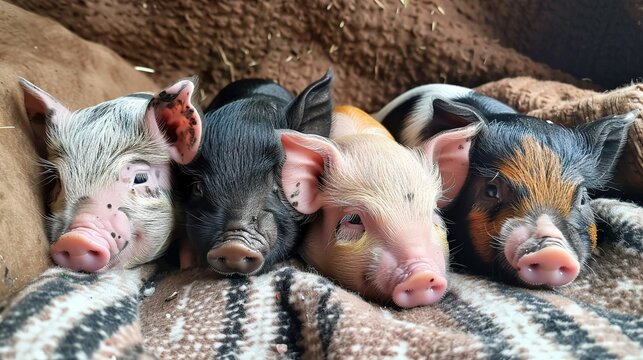 Four Adorable Mini Pigs Relaxing Together in a Cozy Environment, Showcasing Their Playful and Social Nature