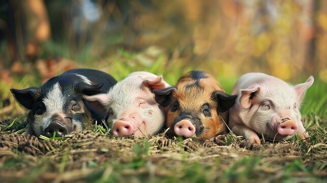 Four Adorable Mini Pigs Relaxing Together in a Cozy Environment, Showcasing Their Playful and Social Nature