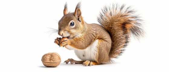 Fototapeta premium A curious squirrel enjoying a walnut, showcasing its fluffy tail and playful nature in a vibrant setting.