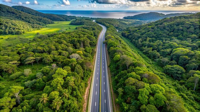 BR-101 Transcoastal Highway in Linhares, Esp?rito Santo, Brazil, cutting through the lush Atlantic Forest biome
