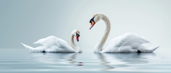 A serene scene featuring two elegant swans gliding gracefully on calm water, showcasing their beauty and tranquility.