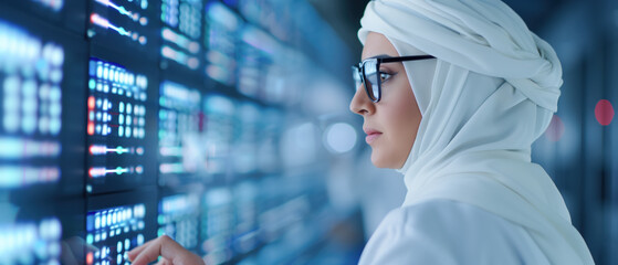 A female network administrator in a white hijab monitors a server panel in a data center, symbolizing the importance of diversity and expertise in technology.