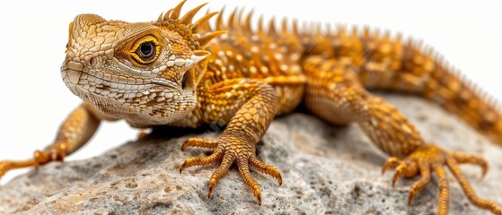 Fototapeta premium A vibrant bearded dragon lizard resting on a rock, showcasing its unique scales and colors in stunning detail.