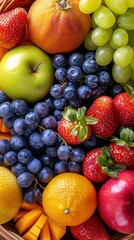 A vibrant assortment of fresh fruits including apples, grapes, strawberries, and oranges, perfect for any culinary project.