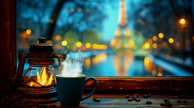 A steaming cup of coffee on a windowsill, with a lit lantern and coffee beans scattered around, with a blurred out view of the Eiffel seamless  looping animation time lapse 4k video background 