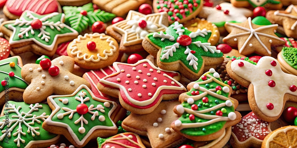 Poster Heap of various homemade traditional Christmas cookies, baking, gingerbread, holiday, festive, assortment, delicious, sweet